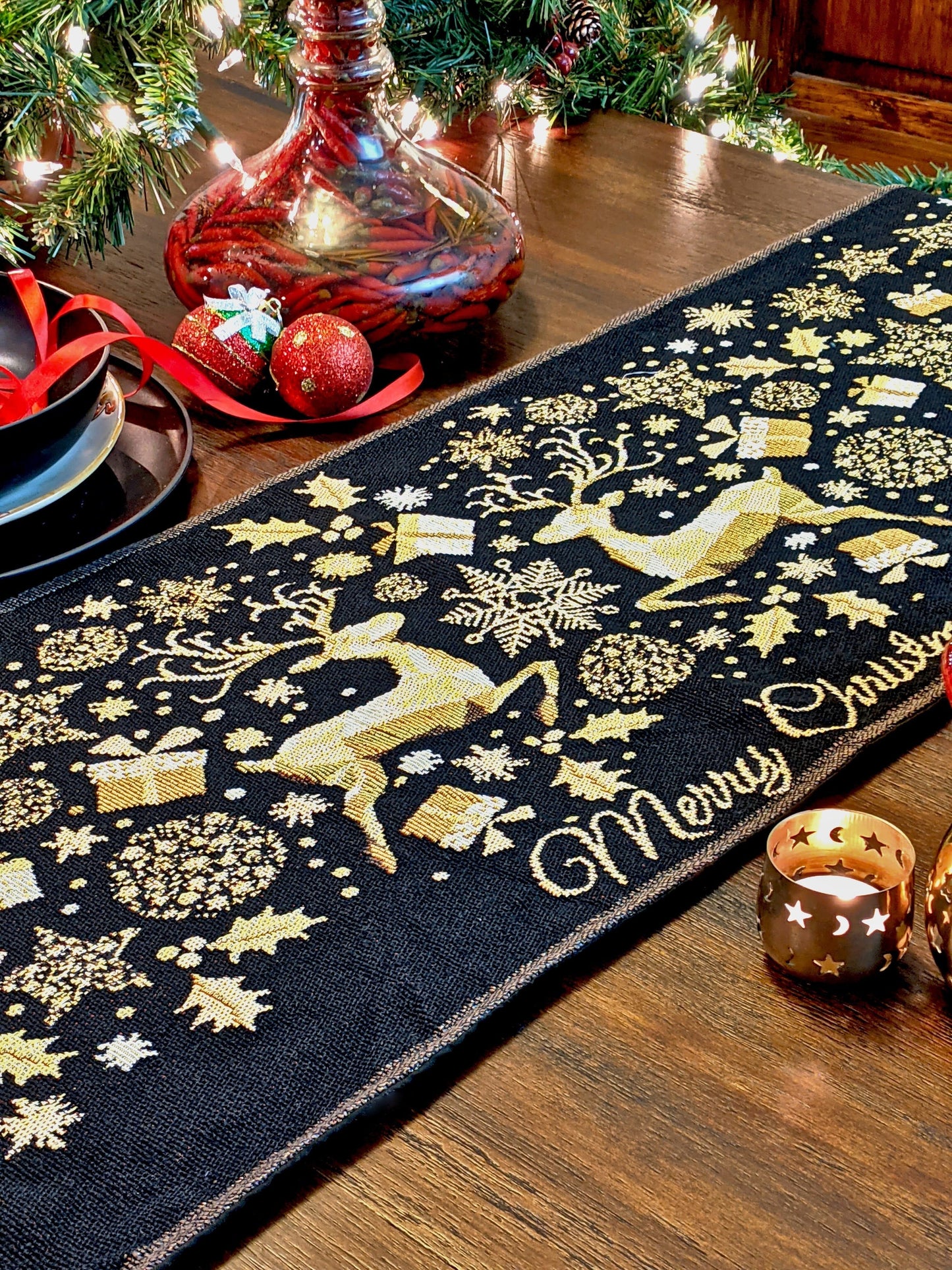 Magical Golden Reindeer Woven Tapestry Dining Table Runner