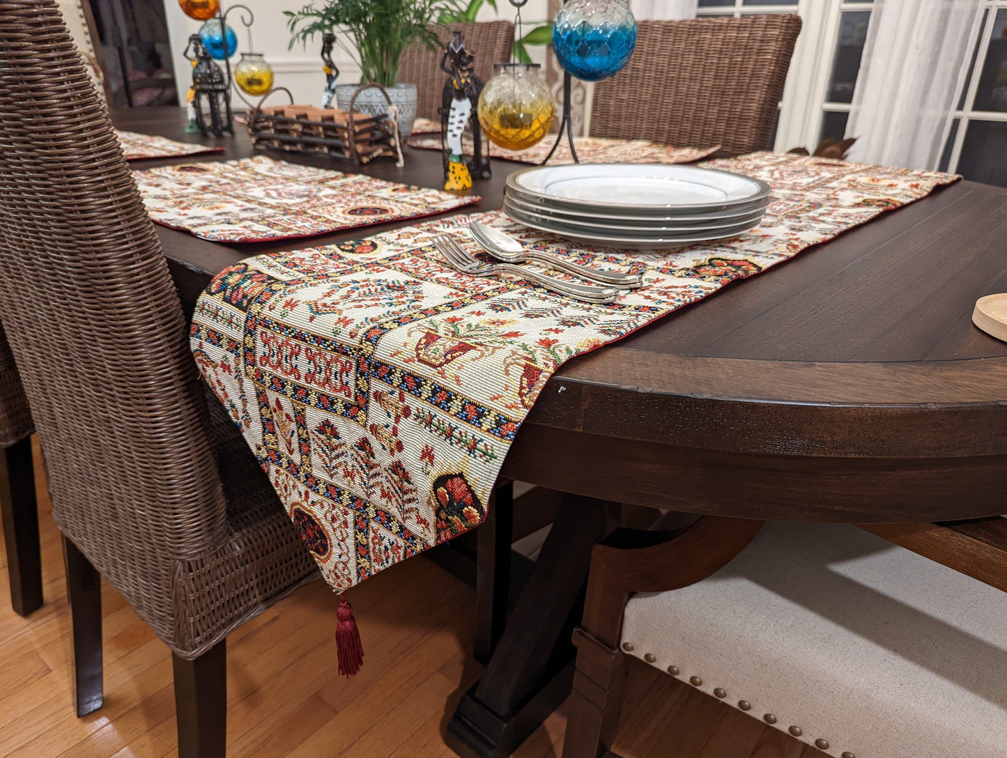 Cottage Mughal Floral Woven Tapestry Table Runner, Light Fleur White Botanical Vintage (18196)