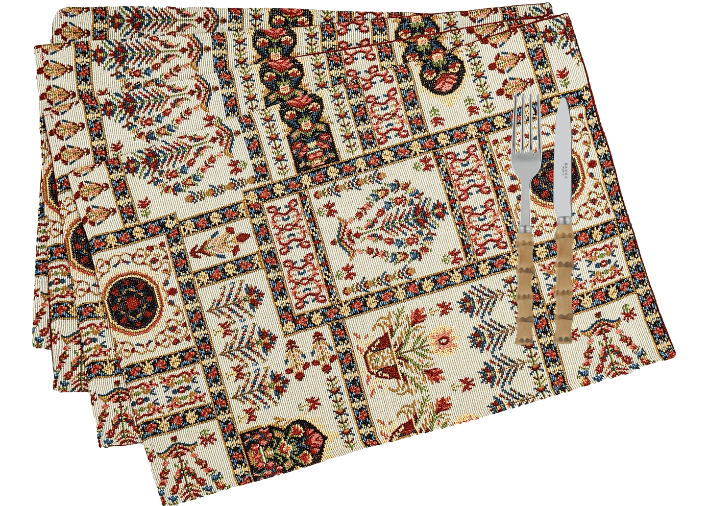 Set of 4-Pieces Light White Mughal Floral Botanical Cottage Fleur Tapestry Placemats 13" x 19" (18196)