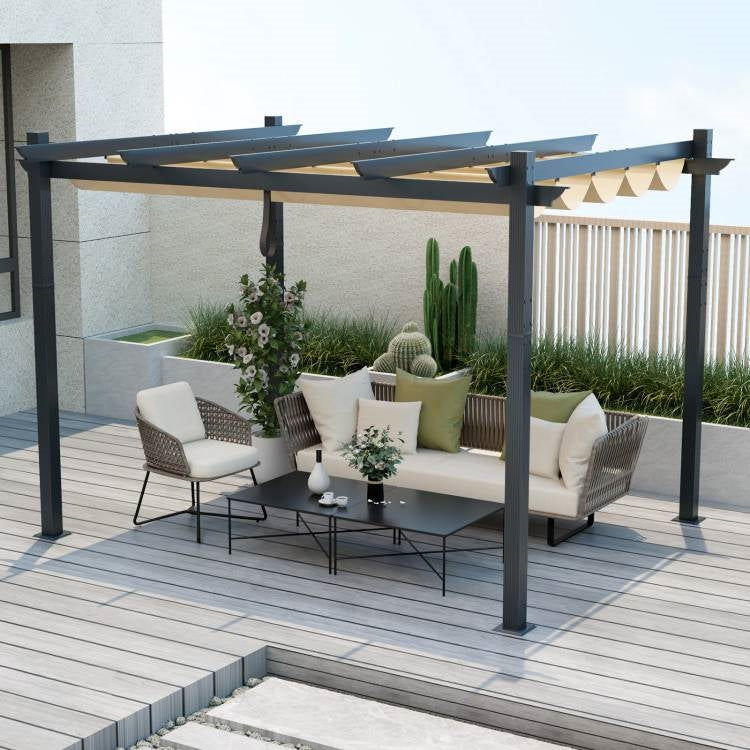 Outdoor Pergola Gazebo 10x12FT - Retractable Beige Canopy