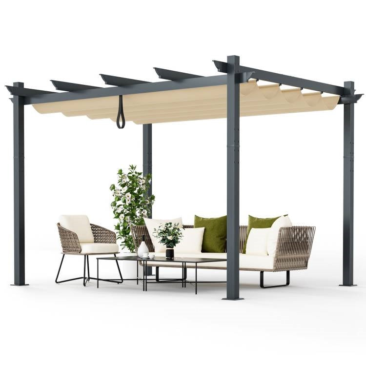 Outdoor Pergola Gazebo 10x12FT - Retractable Beige Canopy