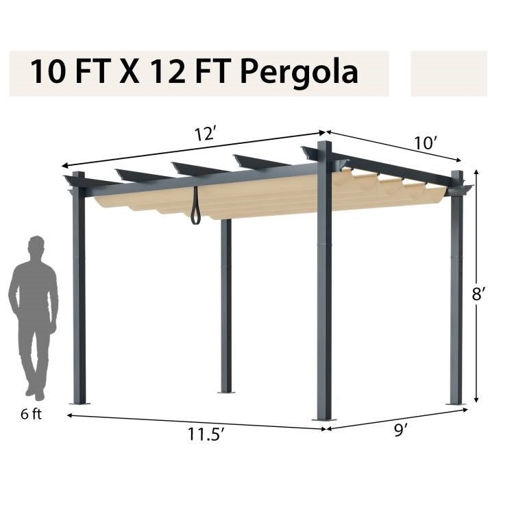 Outdoor Pergola Gazebo 10x12FT - Retractable Beige Canopy