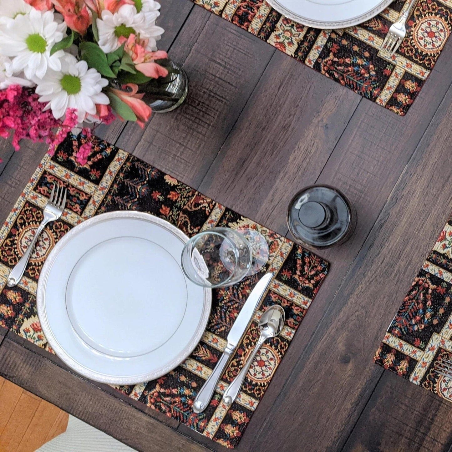 Set of 4-Pieces Dark Noir Mughal Floral Botanical Vintage Fleur Tapestry Placemats 13" x 19" (18197)