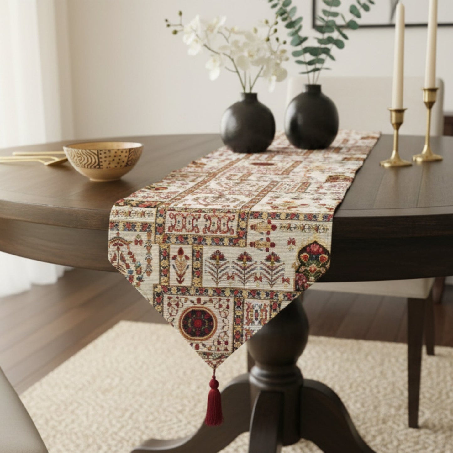 Cottage Mughal Floral Woven Tapestry Table Runner, Light Fleur White Botanical Vintage (18196)