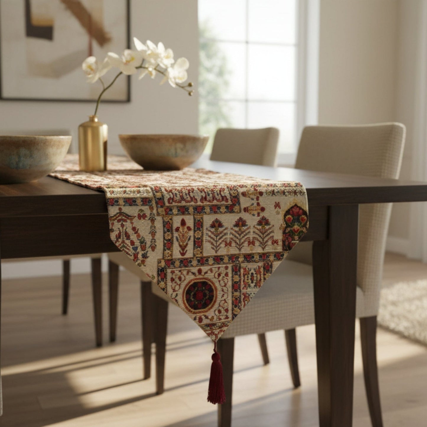Cottage Mughal Floral Woven Tapestry Table Runner, Light Fleur White Botanical Vintage (18196)