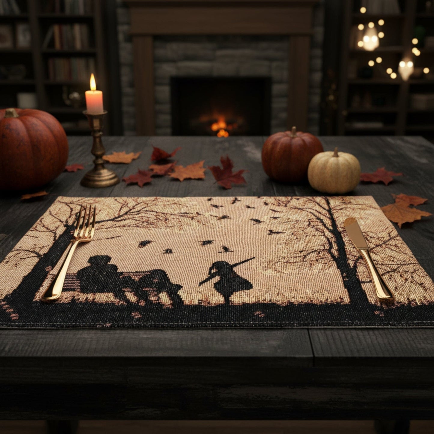Set of 4 Pieces Autumn Birds Blessing Tapestry Dining Placemats 13" x 19" (Halloween)