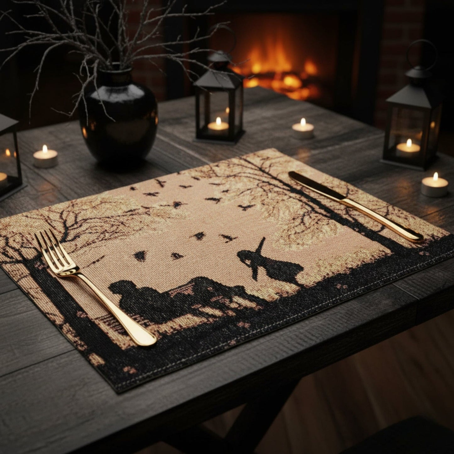 Set of 4 Pieces Autumn Birds Blessing Tapestry Dining Placemats 13" x 19" (Halloween)
