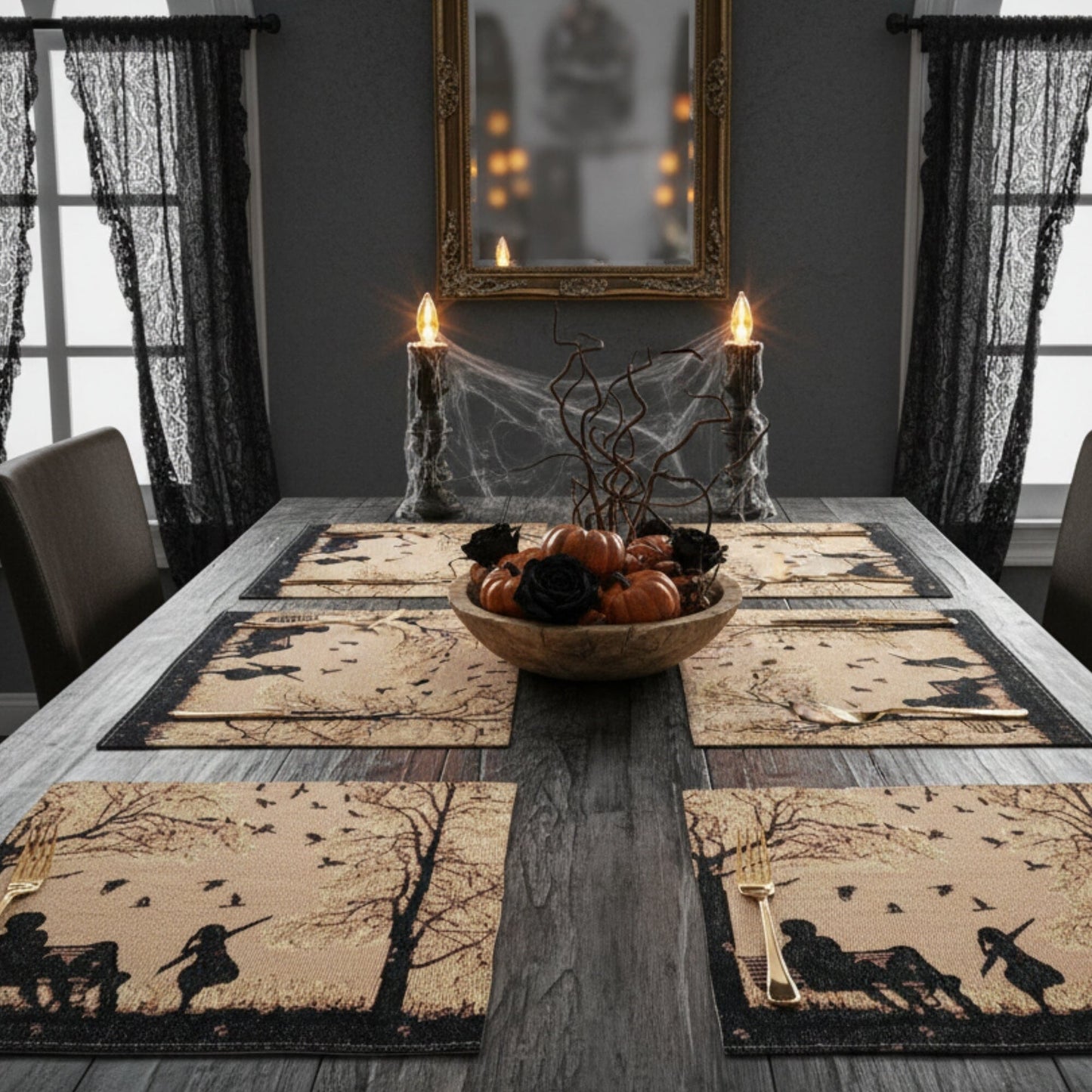 Set of 4 Pieces Autumn Birds Blessing Tapestry Dining Placemats 13" x 19" (Halloween)