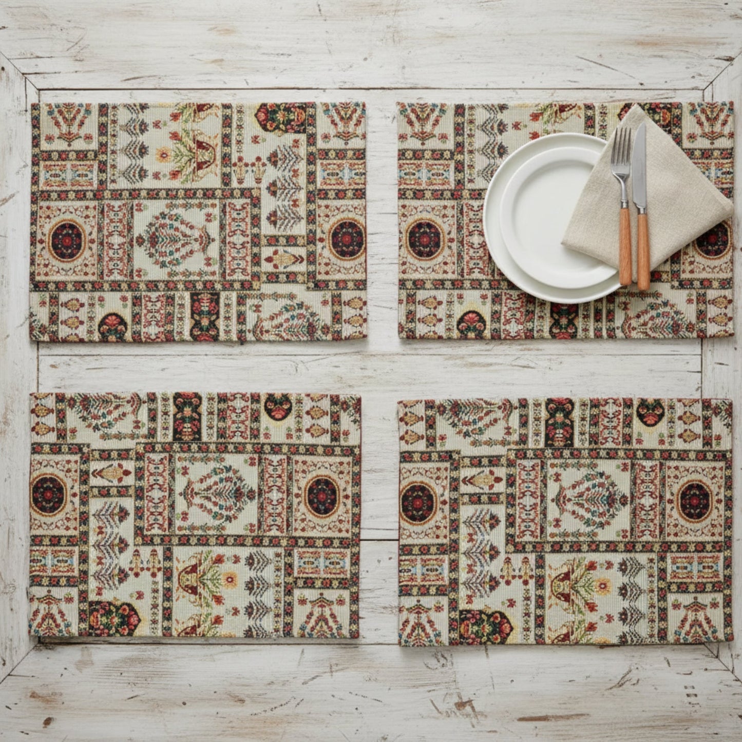 Set of 4-Pieces Light White Mughal Floral Botanical Cottage Fleur Tapestry Placemats 13" x 19" (18196)