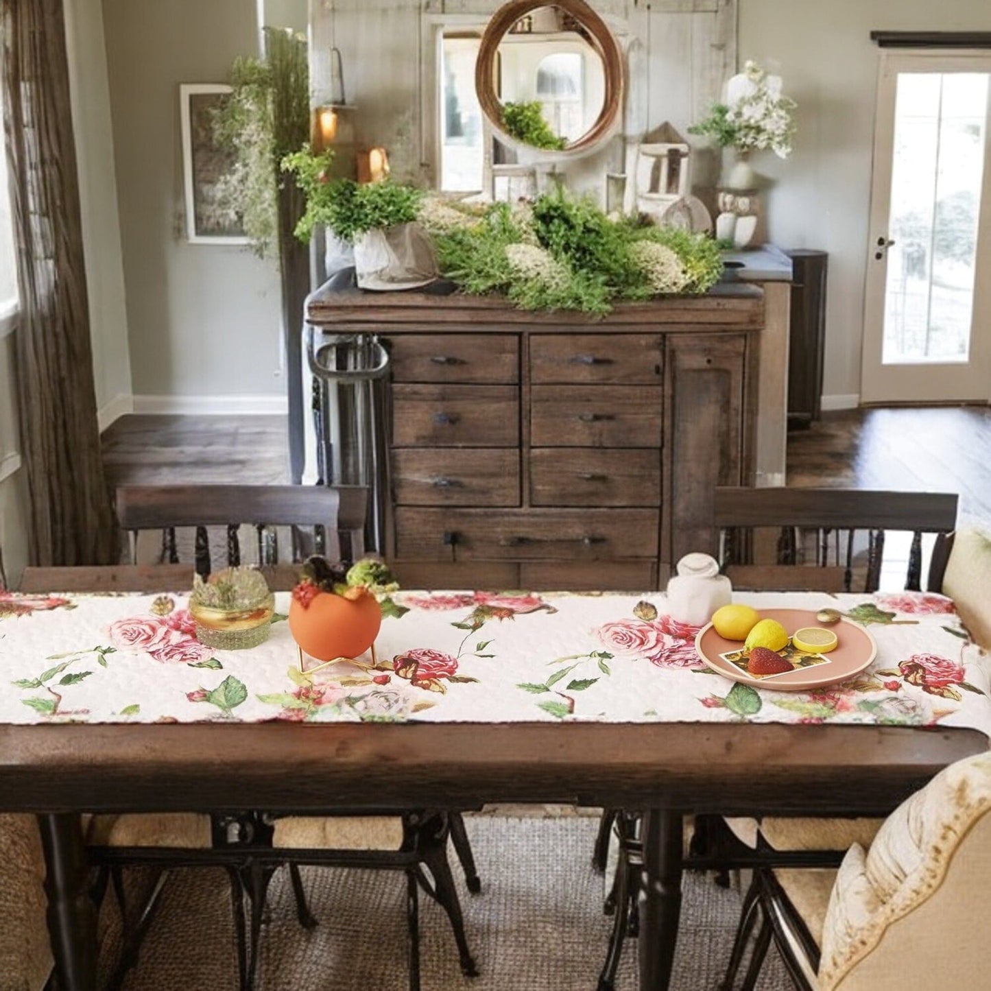Romantic Roses Pink White Lovely Floral Quilted Dining Table Runner
