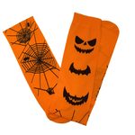 Orange Halloween Thigh High Socks with Jack O' Lantern, Bats Cobwebs and Spiders Print Design