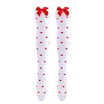White Thigh-High Stockings with Red Bows and Hearts Print