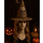Sackcloth Shapeable Wire Witch Hat with Skull Print Witch Symbols and Blood Splattered Print