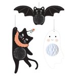 Set of 3  Bat, Cat, and Ghost Honeycomb Paper Bellies Hanging Halloween Decorations