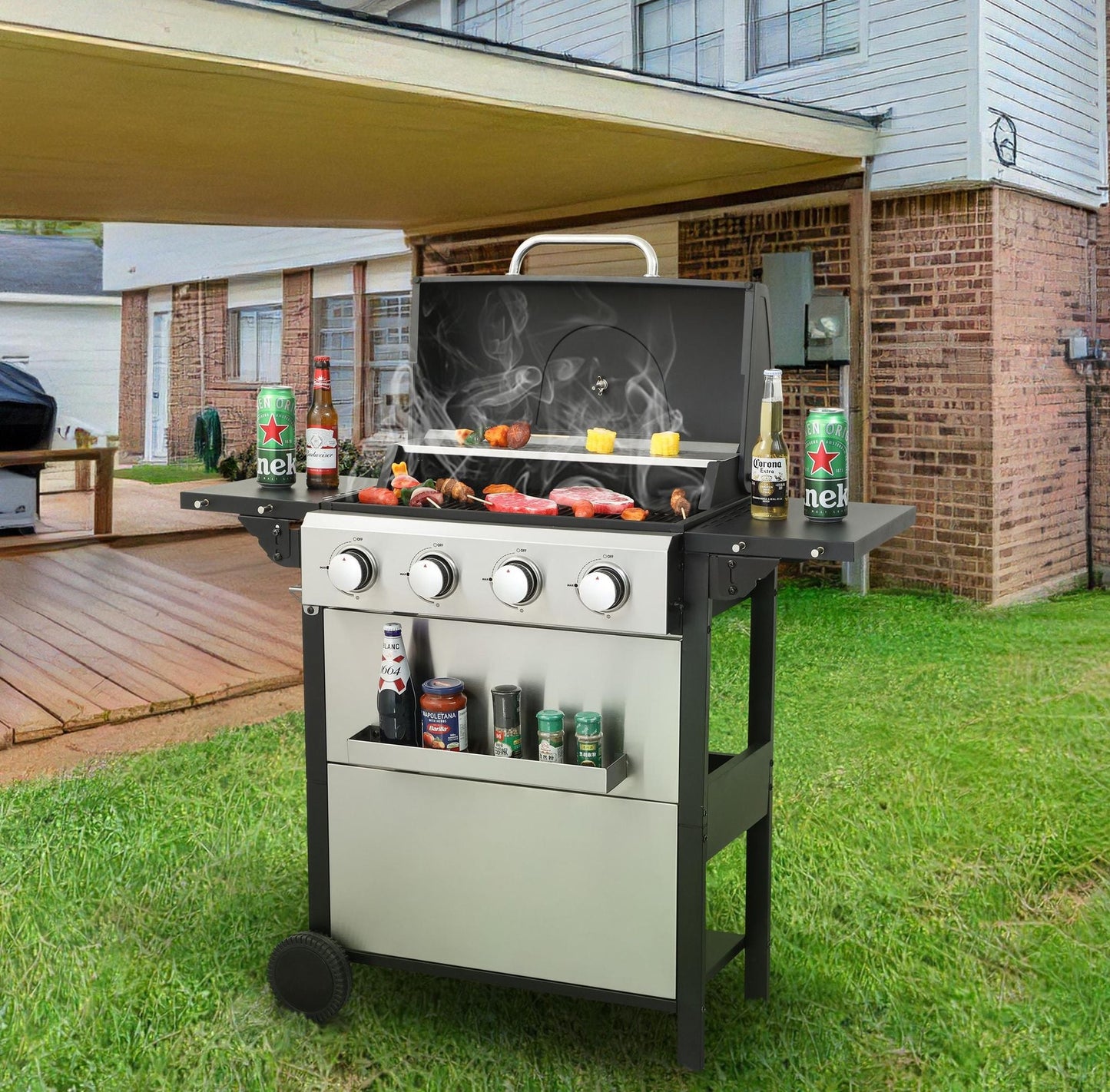 4-Burner Propane BBQ Grill β 34,200 BTU with Foldable Table & Hooks