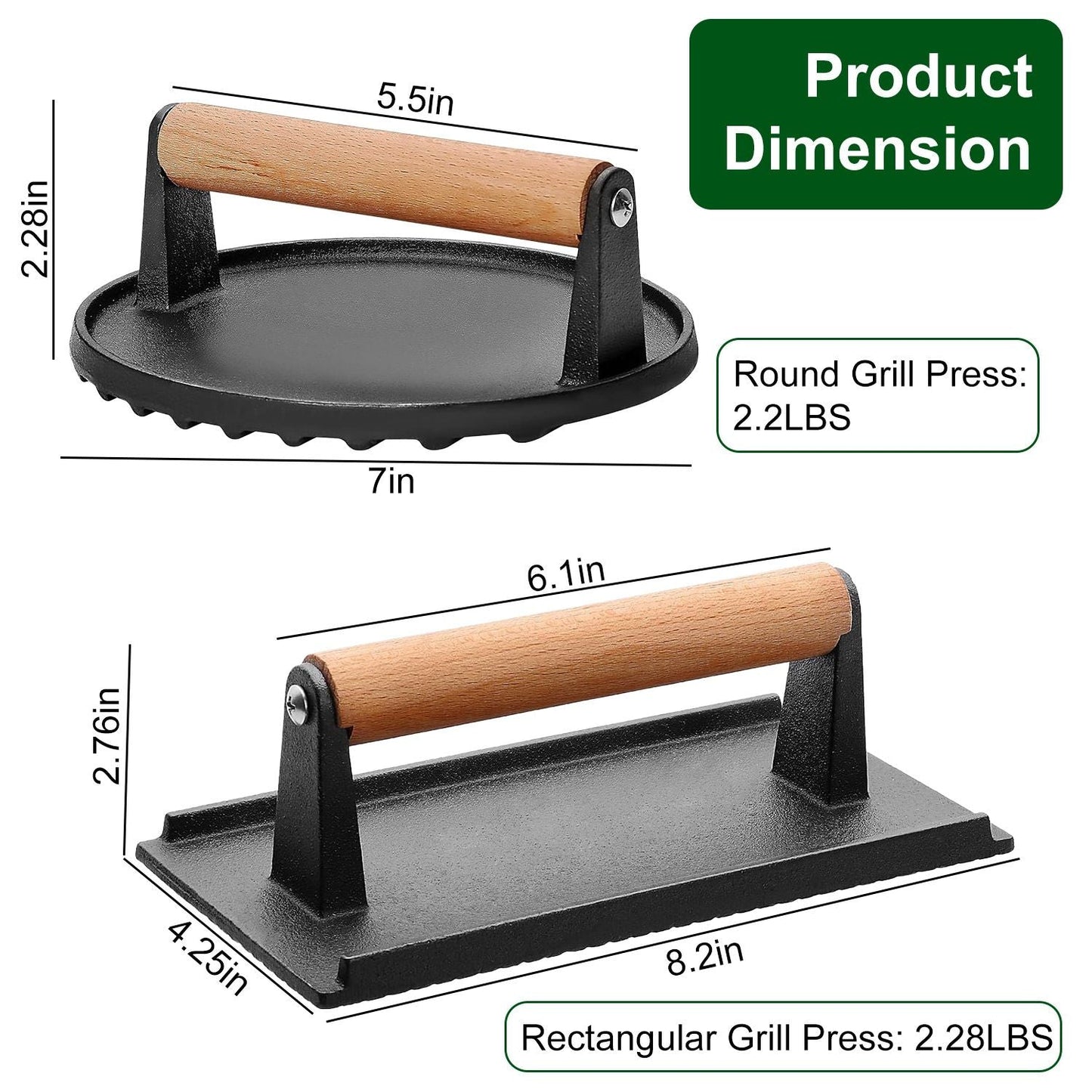 2-Piece Cast Iron Grill Press Set β Round & Rectangular Meat Smasher