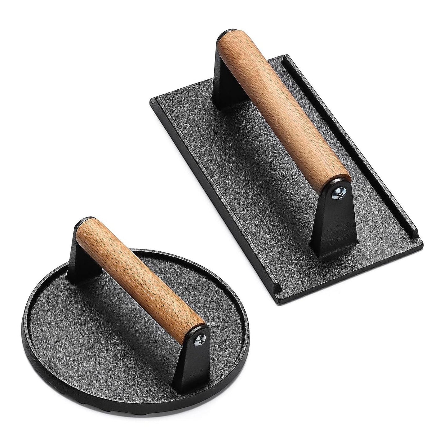 2-Piece Cast Iron Grill Press Set β Round & Rectangular Meat Smasher