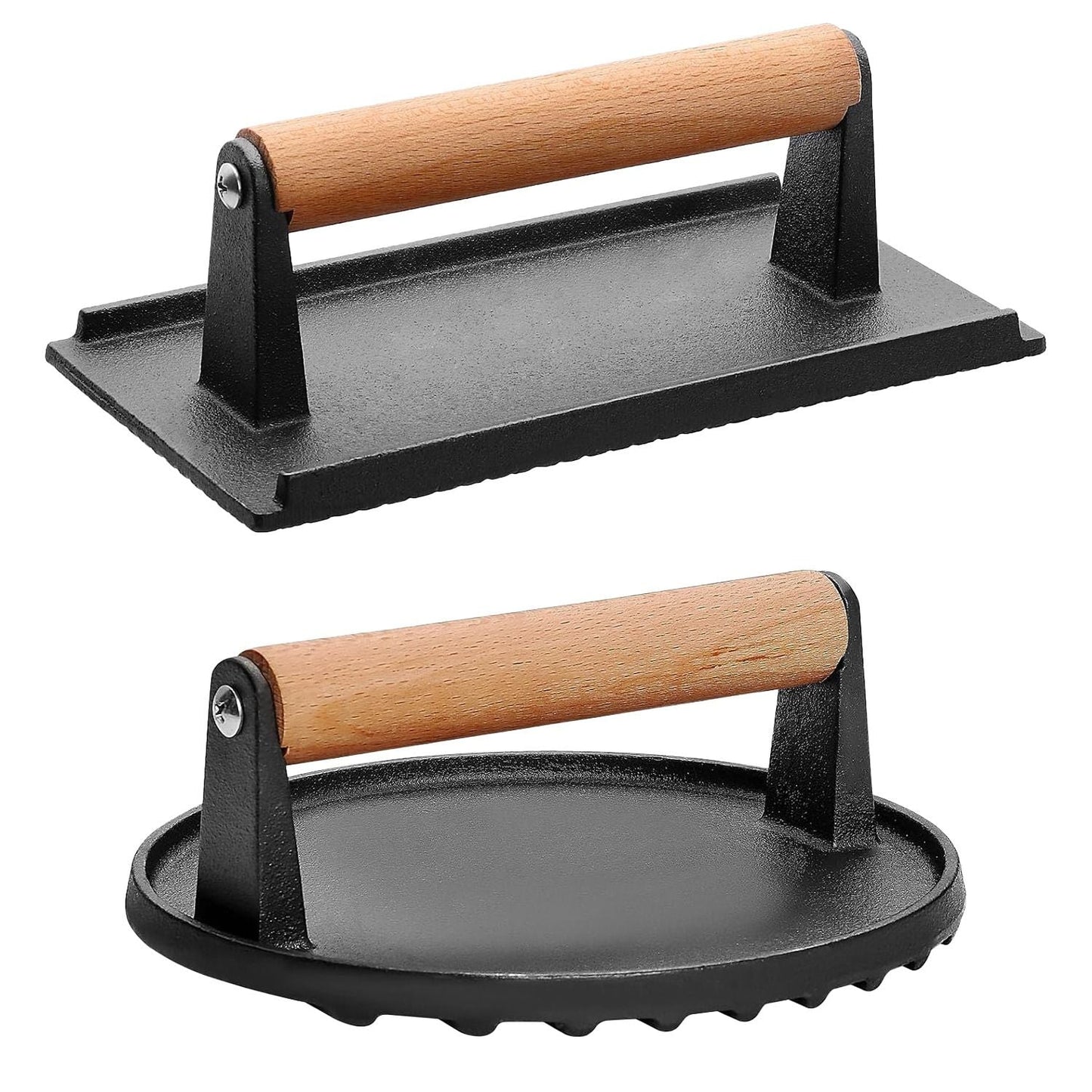 2-Piece Cast Iron Grill Press Set β Round & Rectangular Meat Smasher