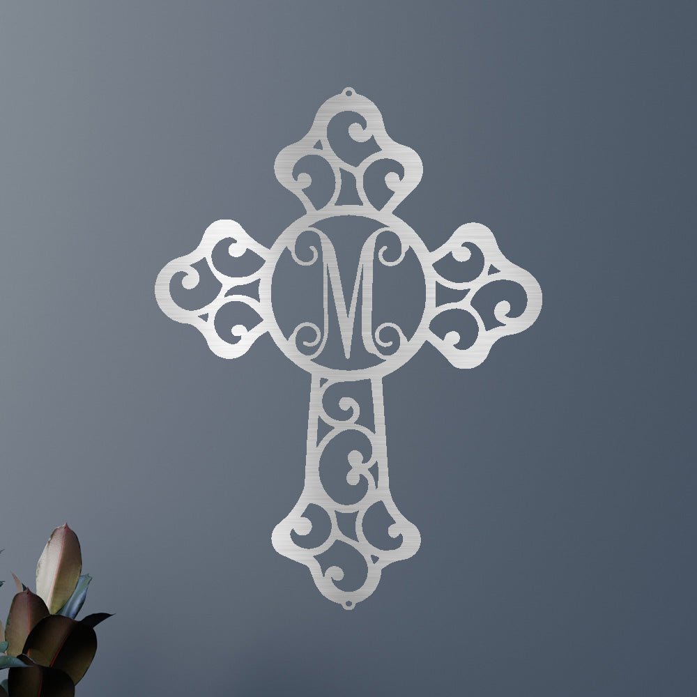 Custom Initial Cross Metal Sign - Personalized Religious Faith Monogram Wall Art