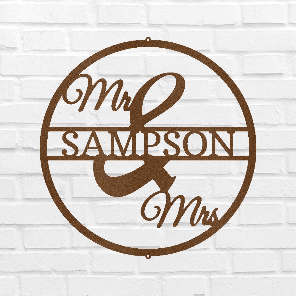 Mr and Mrs Circle Metal Sign - Personalized Wedding Anniversary Wall Art