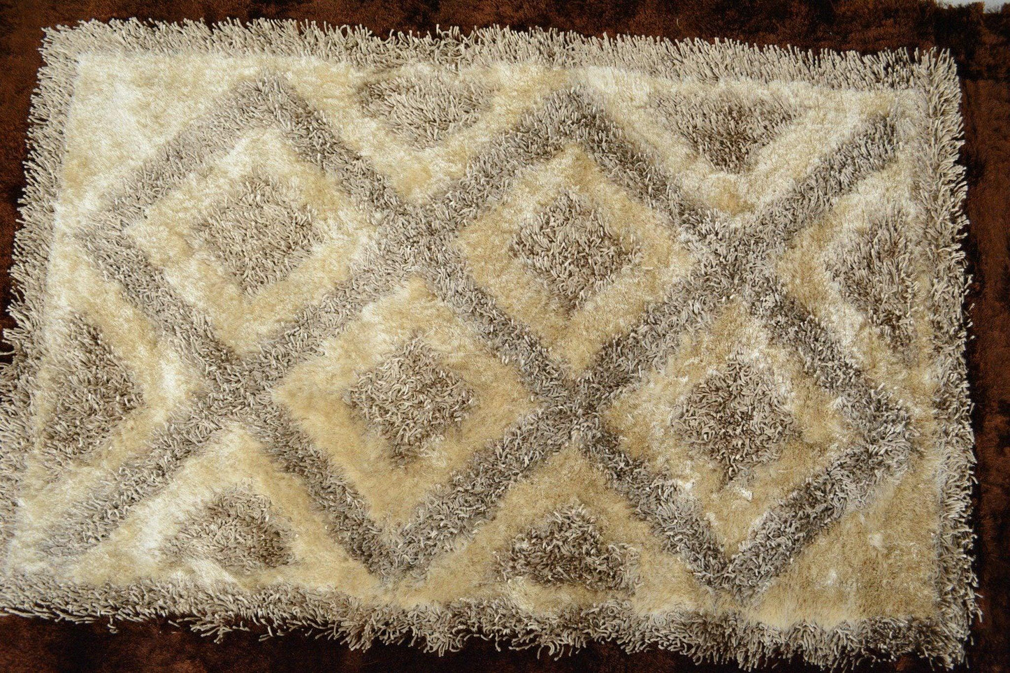 Shaggy Soft Viscose Champagne Brown Geometric Diamond Large Area Carpet Rug