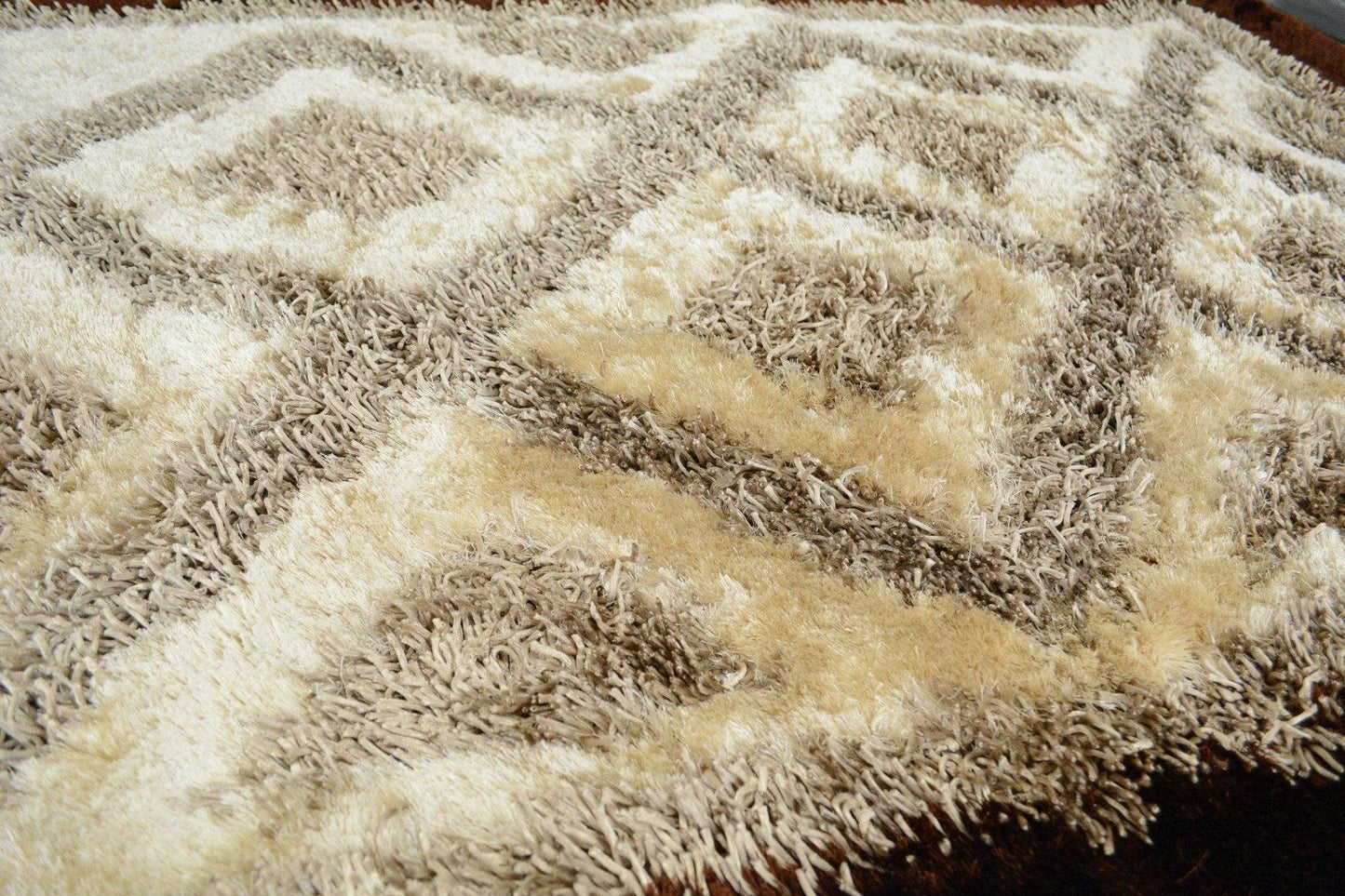 Shaggy Soft Viscose Champagne Brown Geometric Diamond Large Area Carpet Rug
