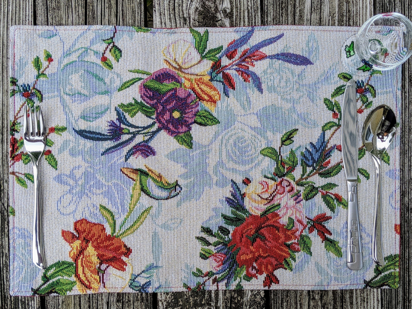 Tropical Sky Blue Birds Floral Tapestry Dining Table Placemats Set of 4