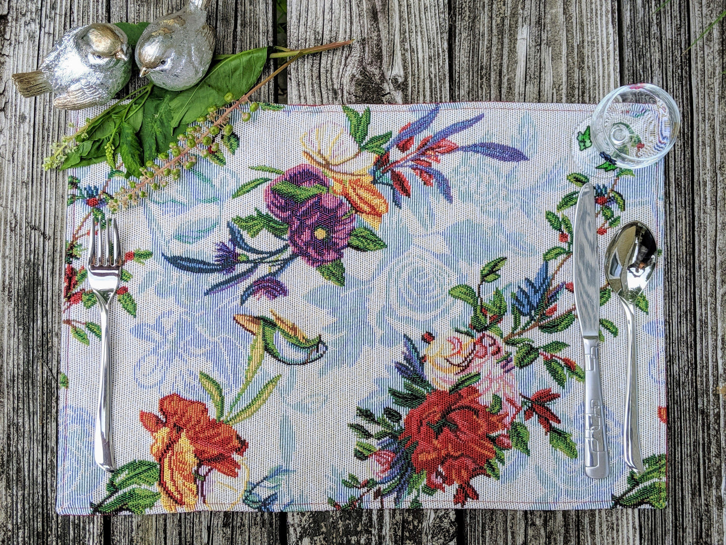 Tropical Sky Blue Birds Floral Tapestry Dining Table Placemats Set of 4