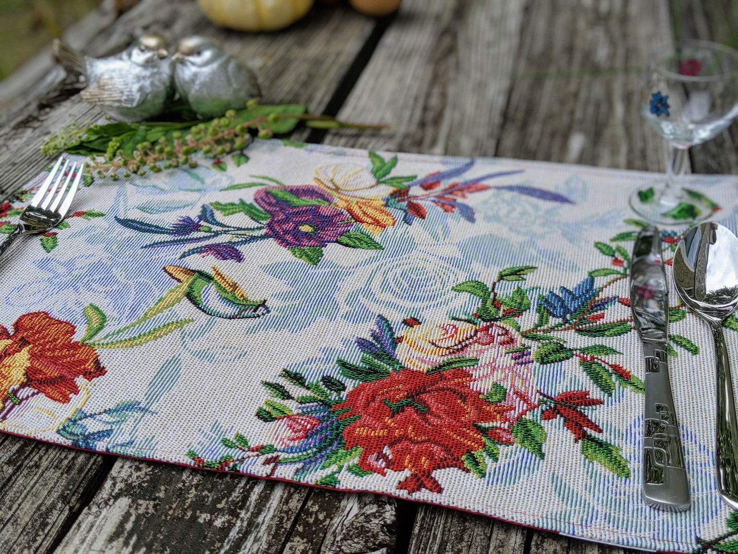 Tropical Sky Blue Birds Floral Tapestry Dining Table Placemats Set of 4