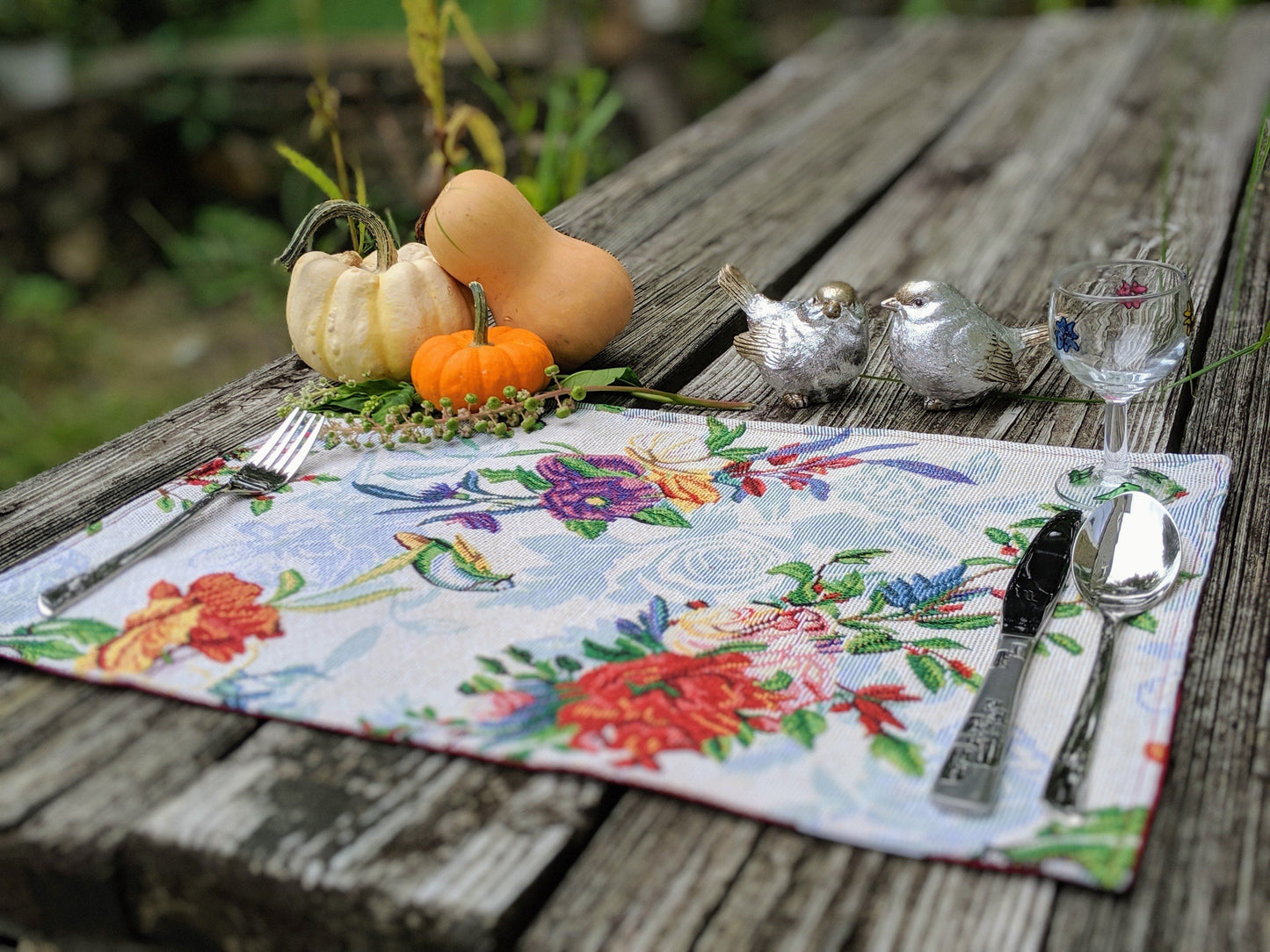 Tropical Sky Blue Birds Floral Tapestry Dining Table Placemats Set of 4