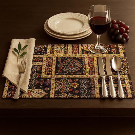 Set of 4-Pieces Dark Noir Mughal Floral Botanical Vintage Fleur Tapestry Placemats 13" x 19" (18197)