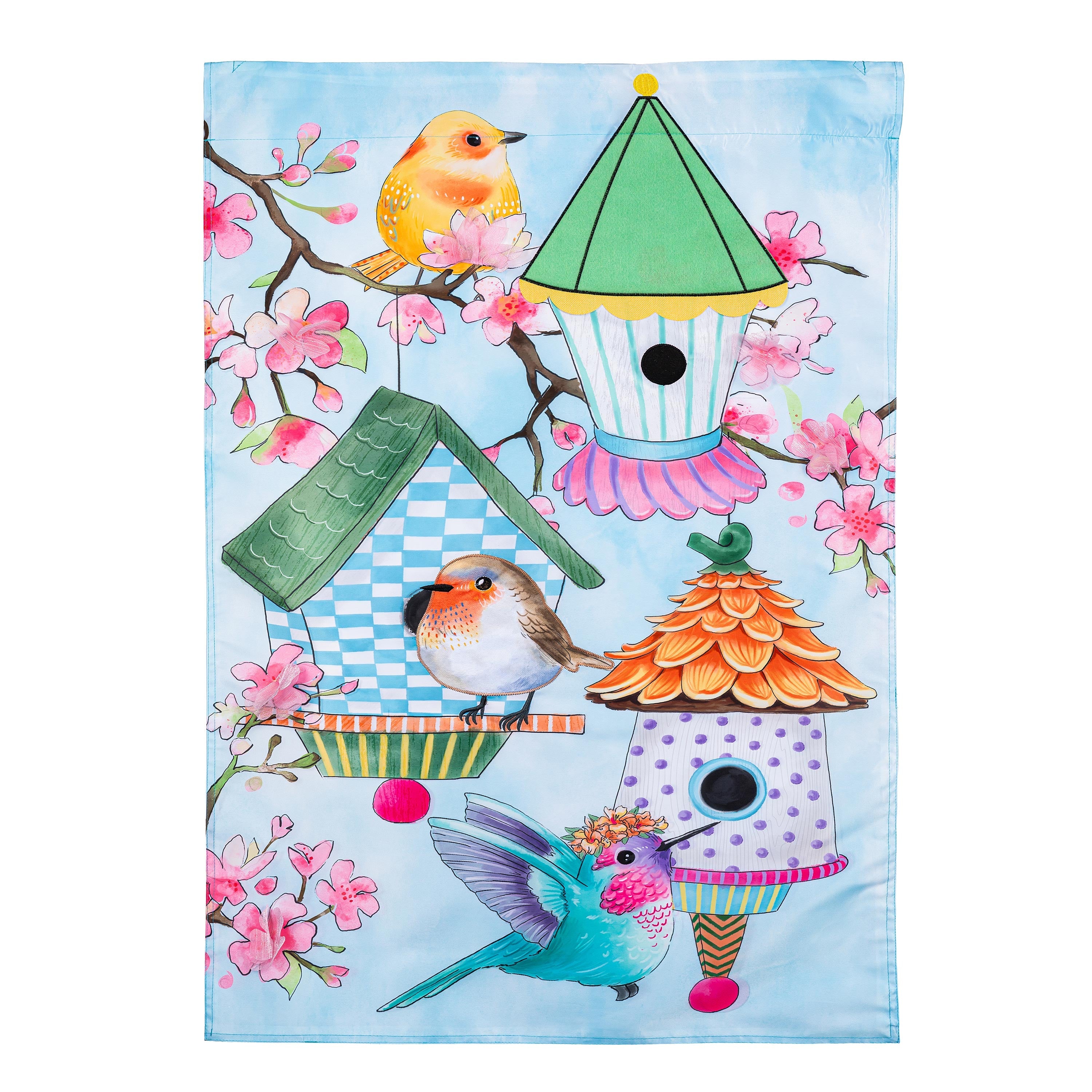 Bird House & Birds on Cherry Blossoms Applique House Flag