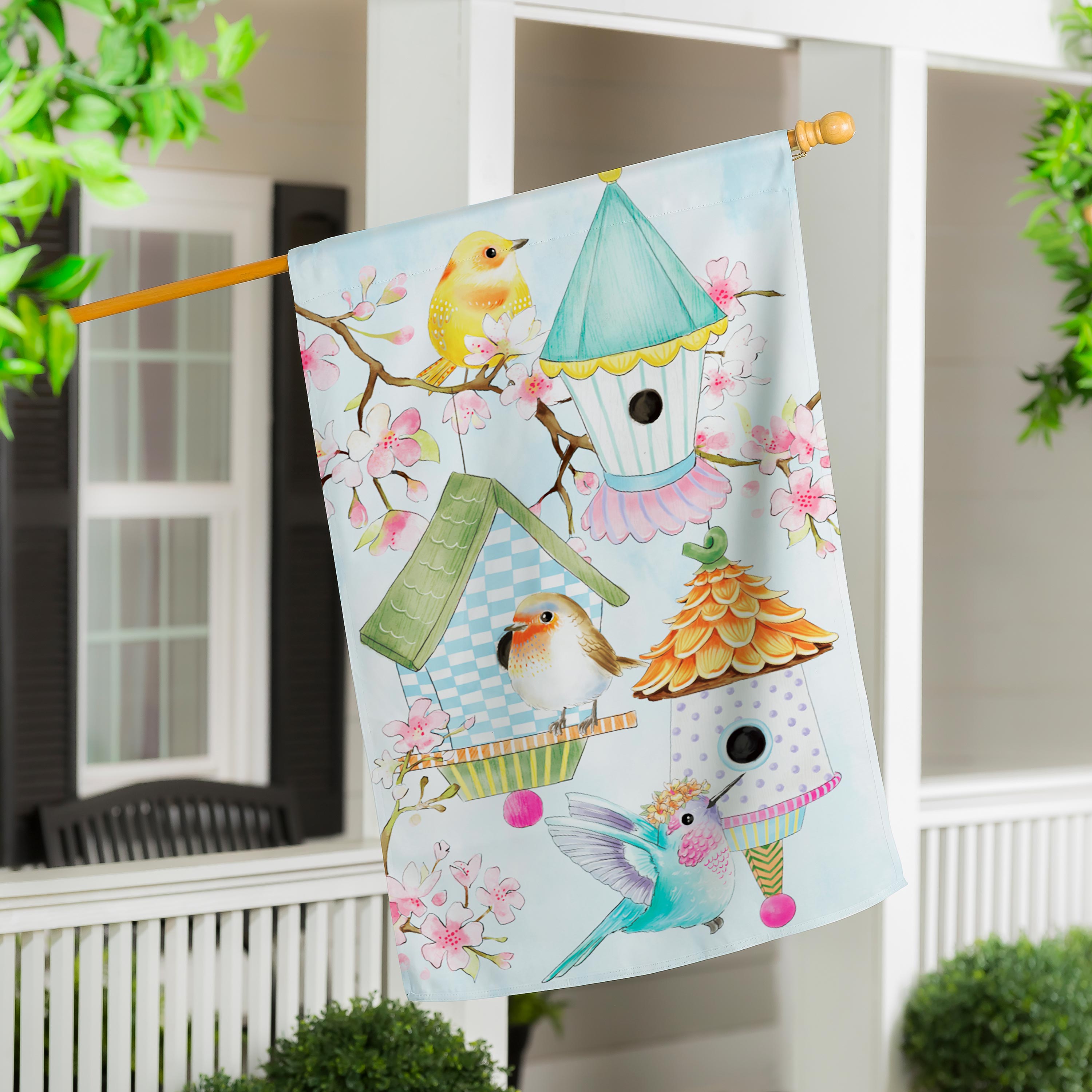 Bird House & Birds on Cherry Blossoms Applique House Flag