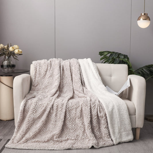 Lavender Grey Faux Fur Throw Blanket - Dreamy Geometric Embossed Sherpa Backside - Super Soft Warm Cozy Plush Fluffy