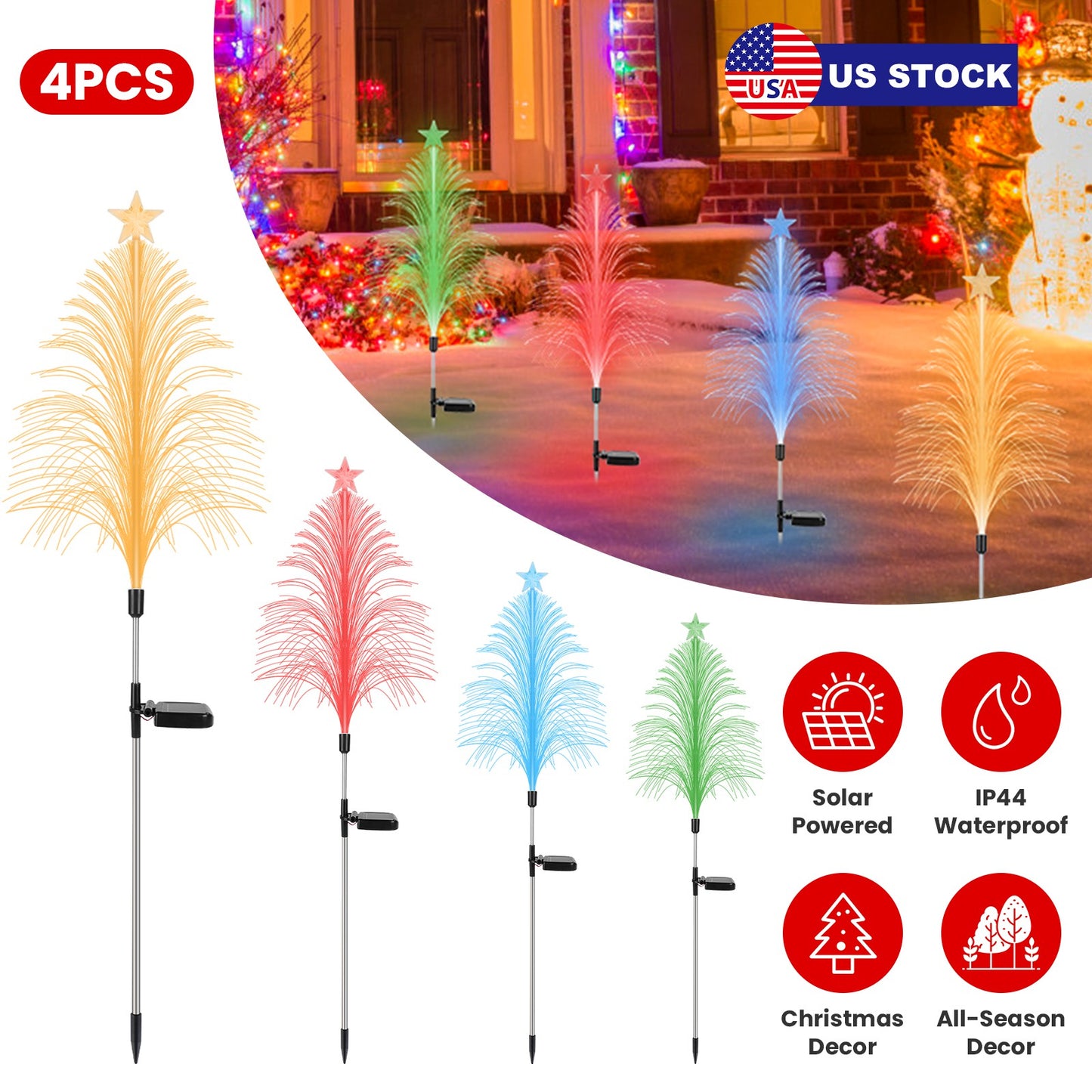 Solar Christmas Tree Lights - 4 Pack Color Changing Cedar Stakes