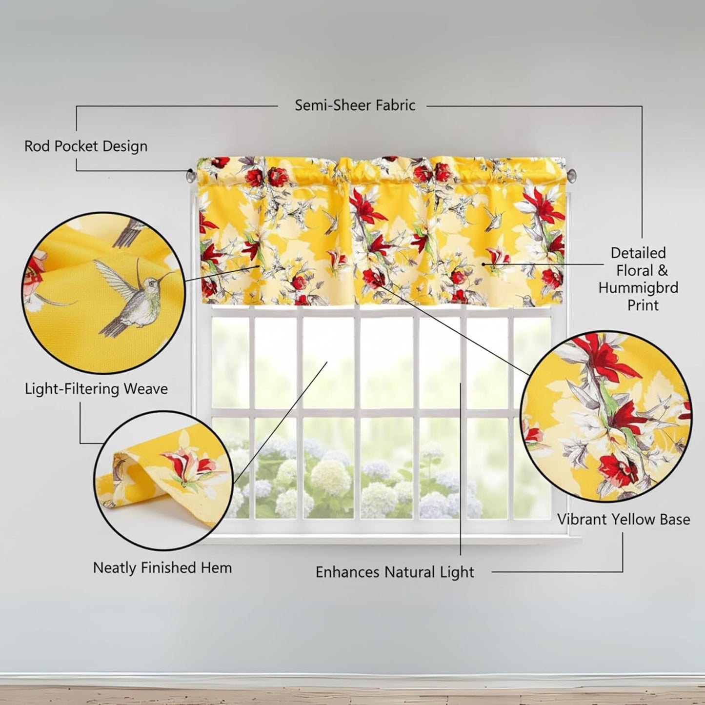 Floral Sunshine Yellow Hummingbirds Window Curtain Valance