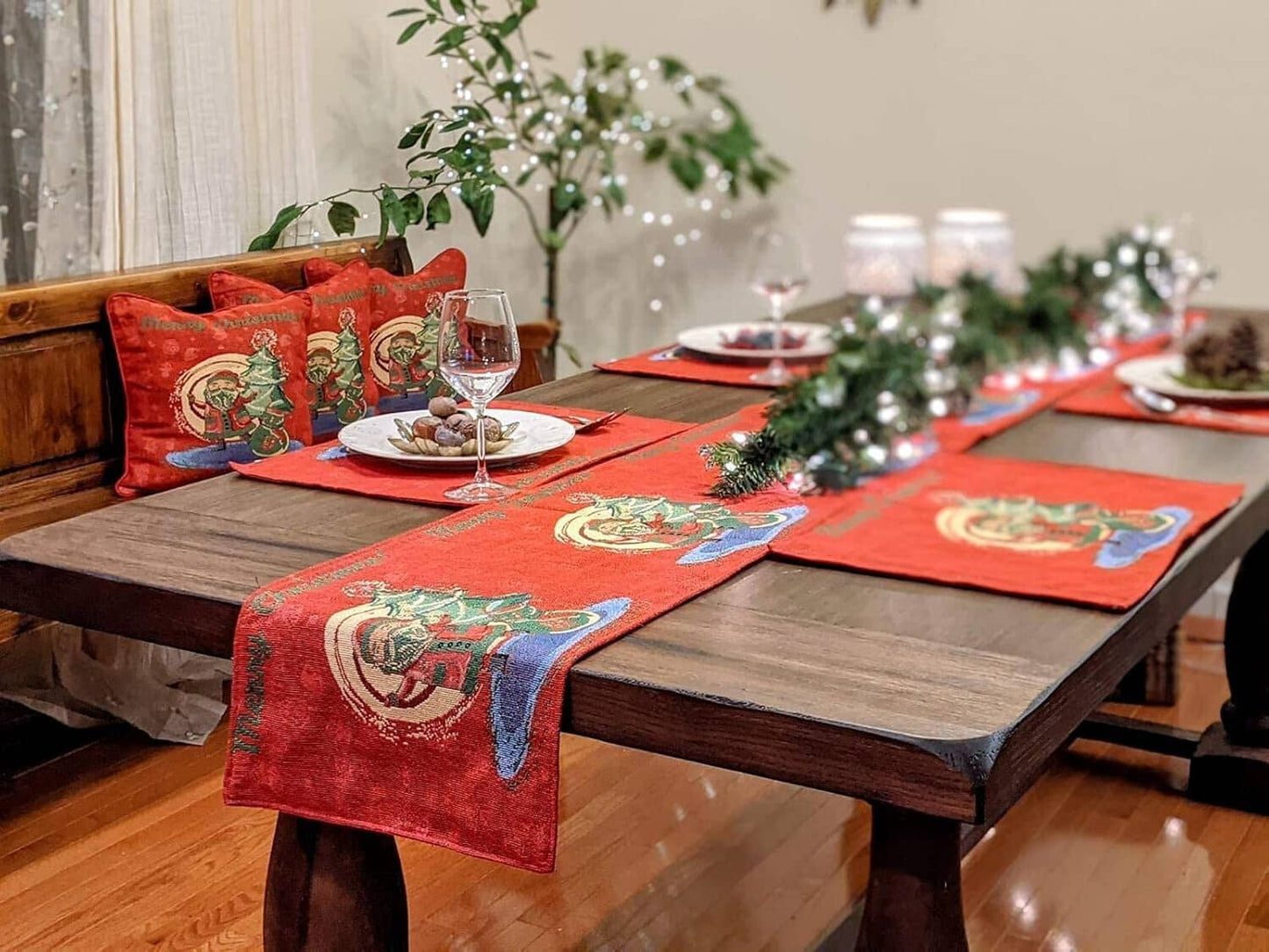 Red Santa Claus Christmas Tree Woven Tapestry Dining Table Runner