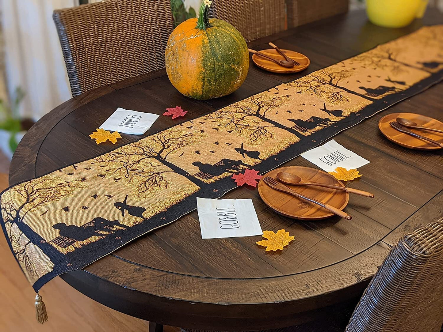 Autumn Birds Family Gathering Woven Tapestry Dining Table Runner