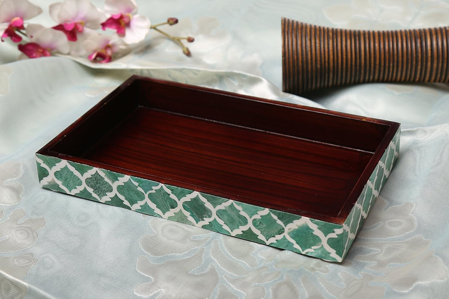 Vanity Trays Moroccan Pattern Bone & Resin Inlay Collection in 10x6, Green & White