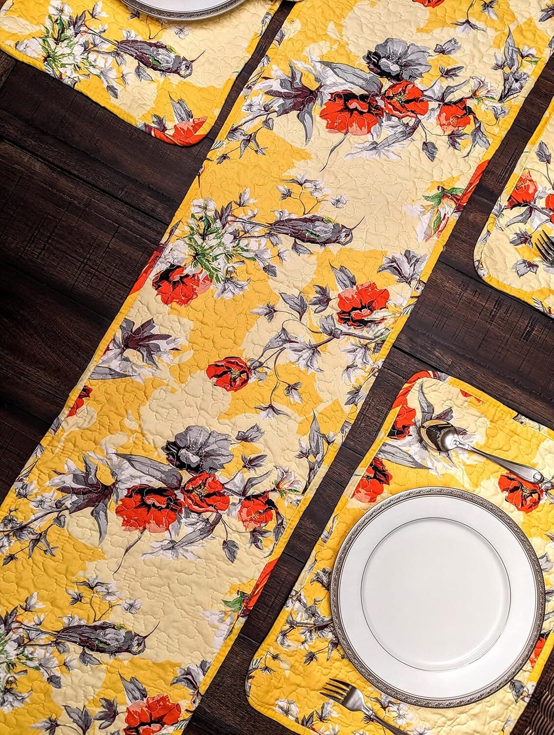 Sunshine Yellow Floral Vintage Hummingbirds Garden Table Runner