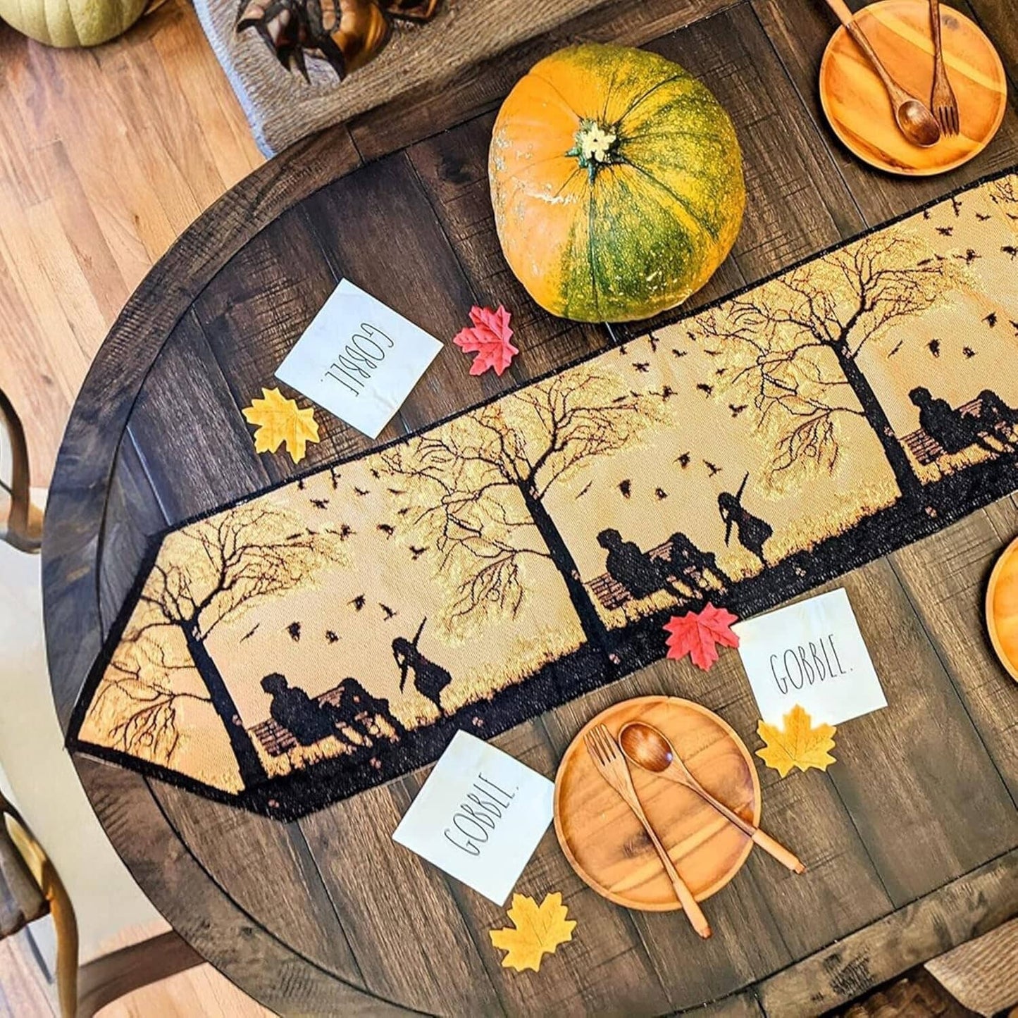 Autumn Birds Family Gathering Woven Tapestry Dining Table Runner
