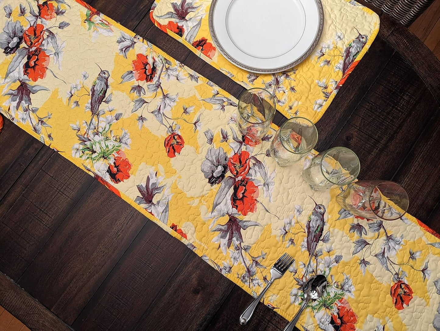 Sunshine Yellow Floral Vintage Hummingbirds Garden Table Runner