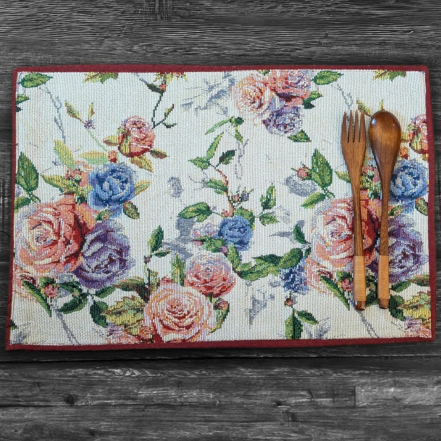 Set of 4-Pieces Vintage Romantic Roses Lovely Pink Floral Tapestry Placemats