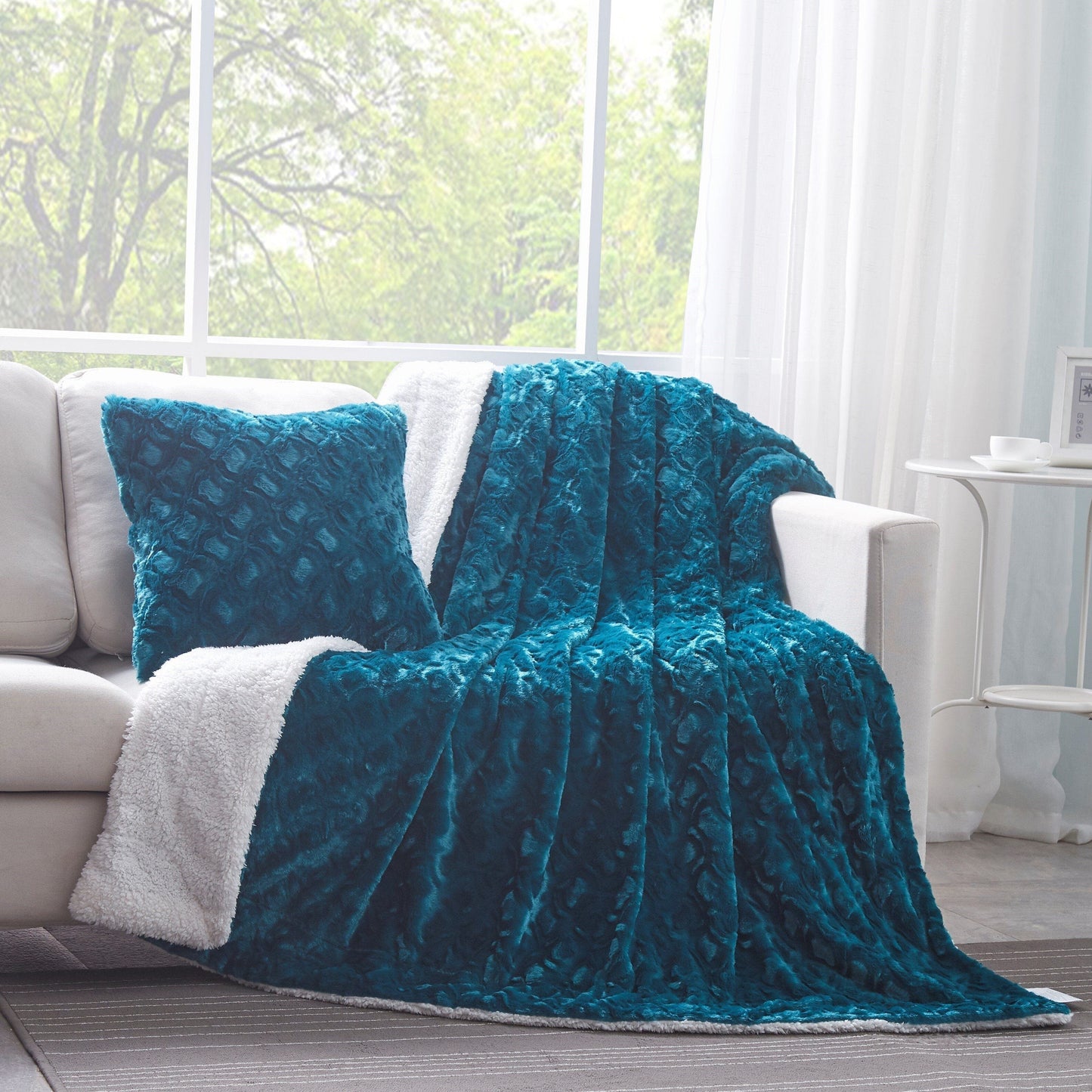 Jewel Tones Emerald Green Blue Luxury Faux Fur Throw Pillow Cover