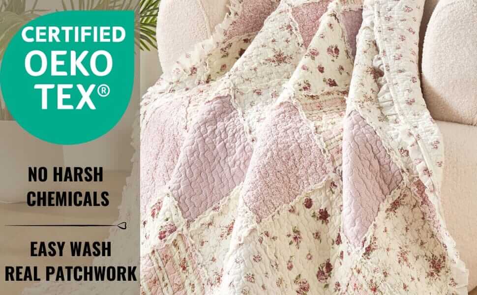 Cotton Patchwork Throw Blanket - Floral Cottage Quilted Reversible Blush Pink & Cream