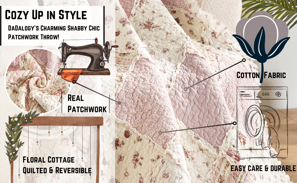 Cotton Patchwork Throw Blanket - Floral Cottage Quilted Reversible Blush Pink & Cream