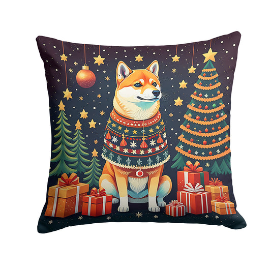Pillow with a Shiba Inu wearing a Christmas sweater surrounded by presents and Christmas trees.