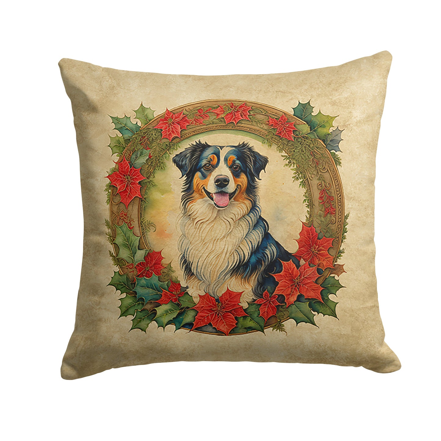 Square throw pillow with an Australian Shepherd in a poinsettia and holly wreath.