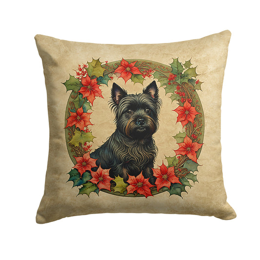Square pillow with a dog and poinsettia wreath design.