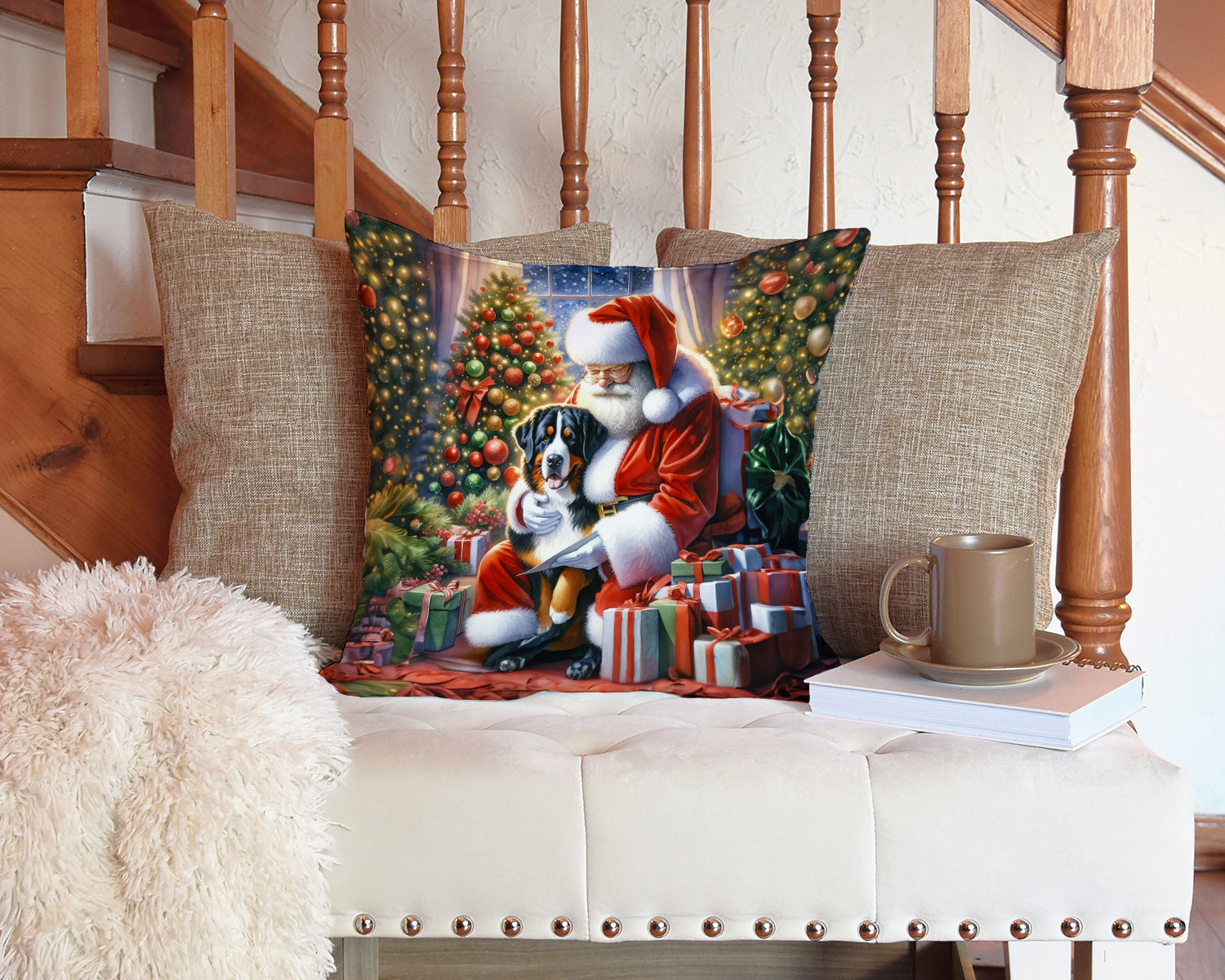 A cozy, decorative pillow featuring Santa Claus hugging a dog in front of a Christmas tree, placed on a white tufted bench with nailhead trim, beside a mug, saucer, and book, with rustic stairs in the background.
